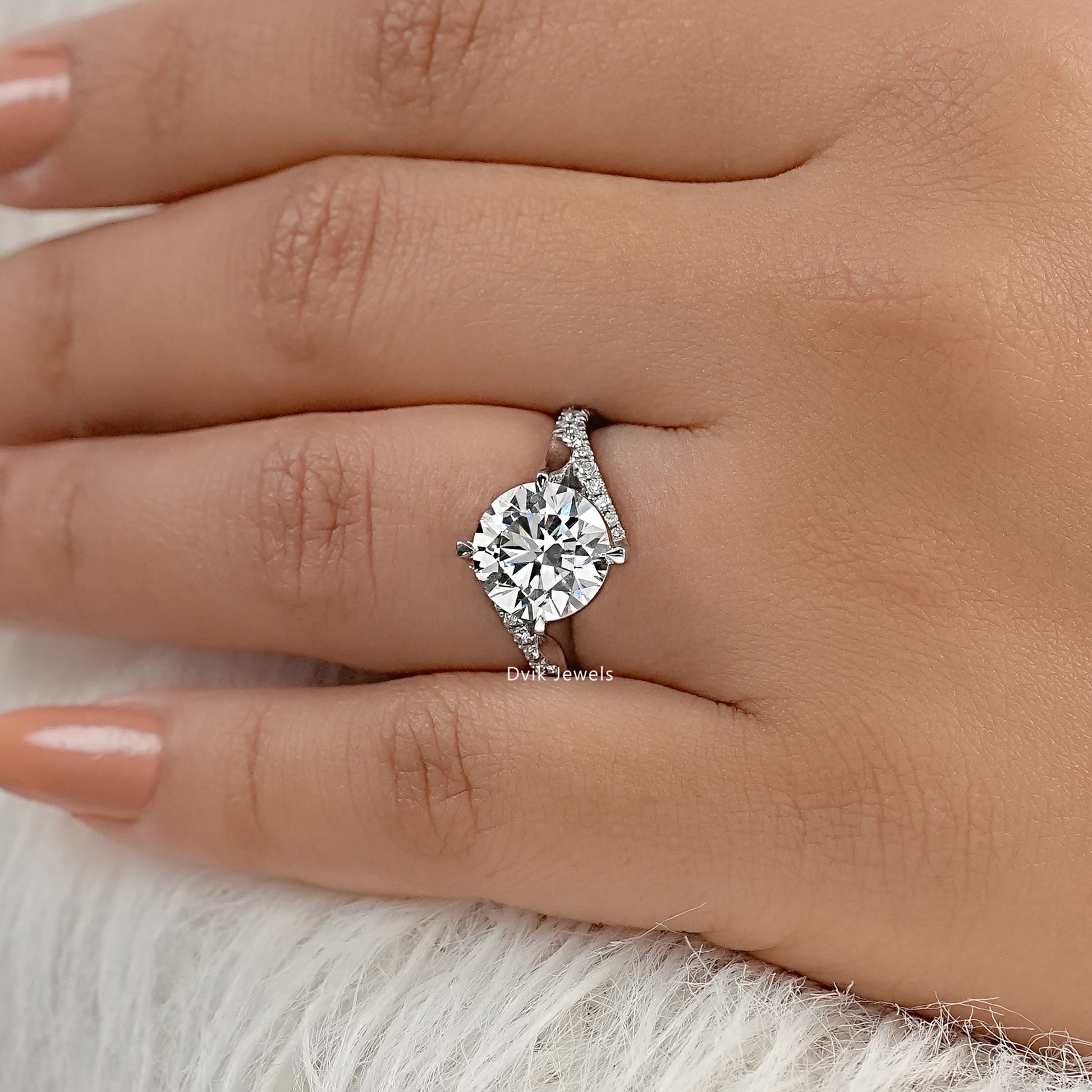Round Cut Lab Diamond Solitaire Ring with Twisted Pave Band Ring
