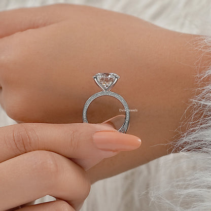 Round Cut Lab Diamond Hidden Halo Pave Solitaire Ring Ring