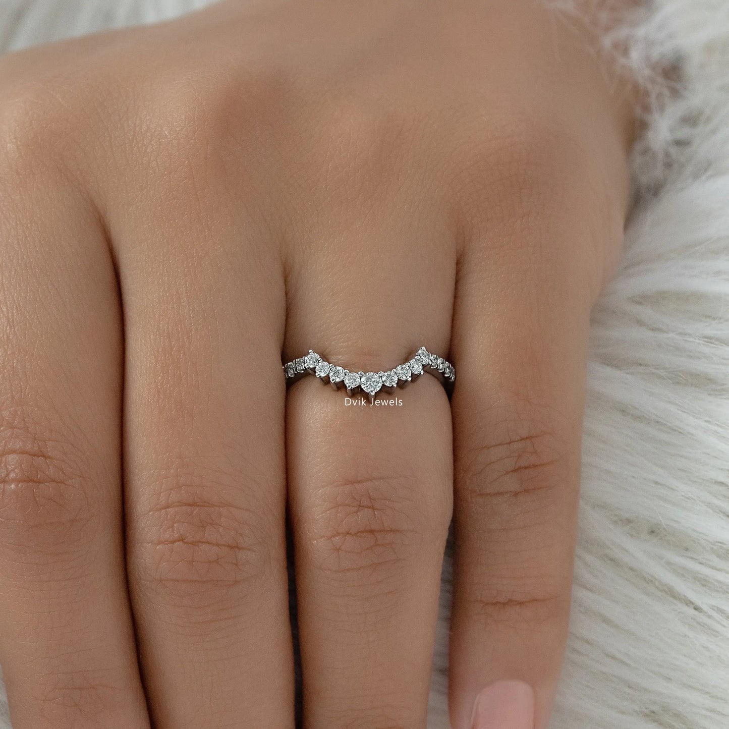 Curved Round Cut Lab Diamond Chevron Wedding Band Ring