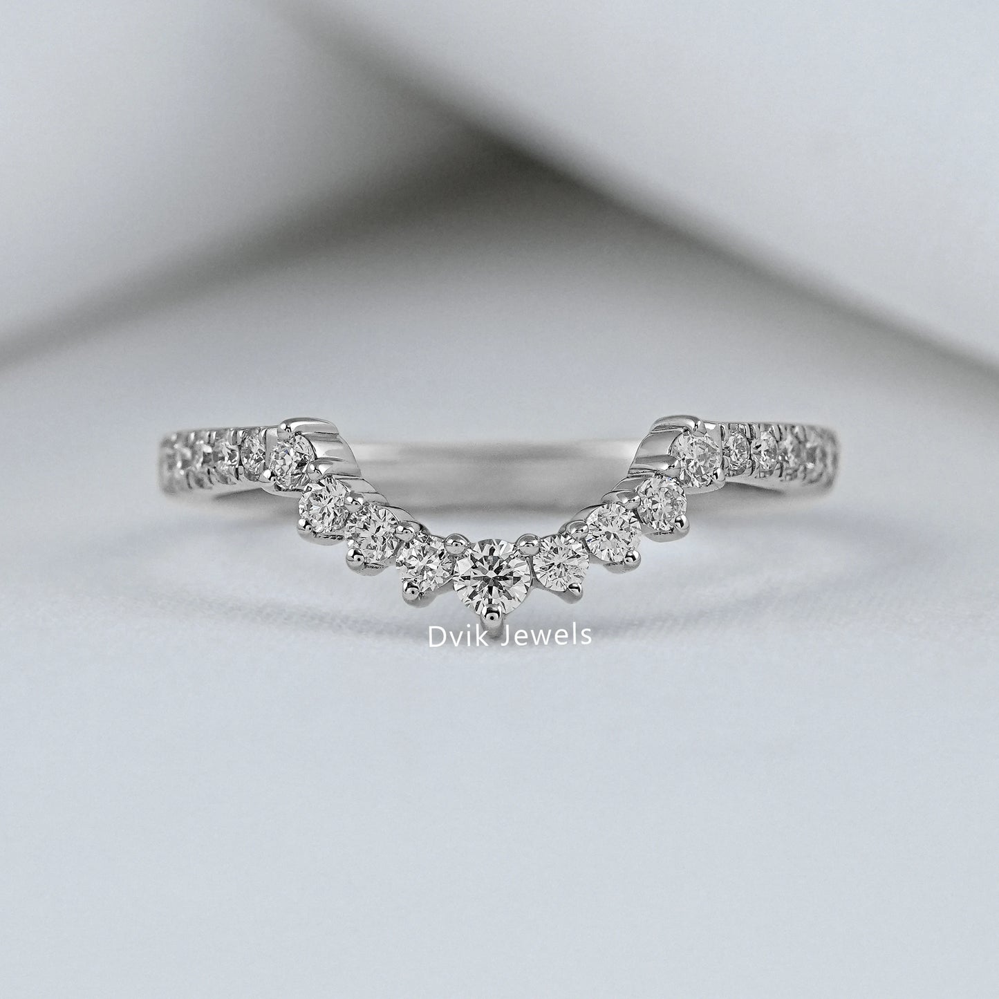 Curved Round Cut Lab Diamond Chevron Wedding Band Ring