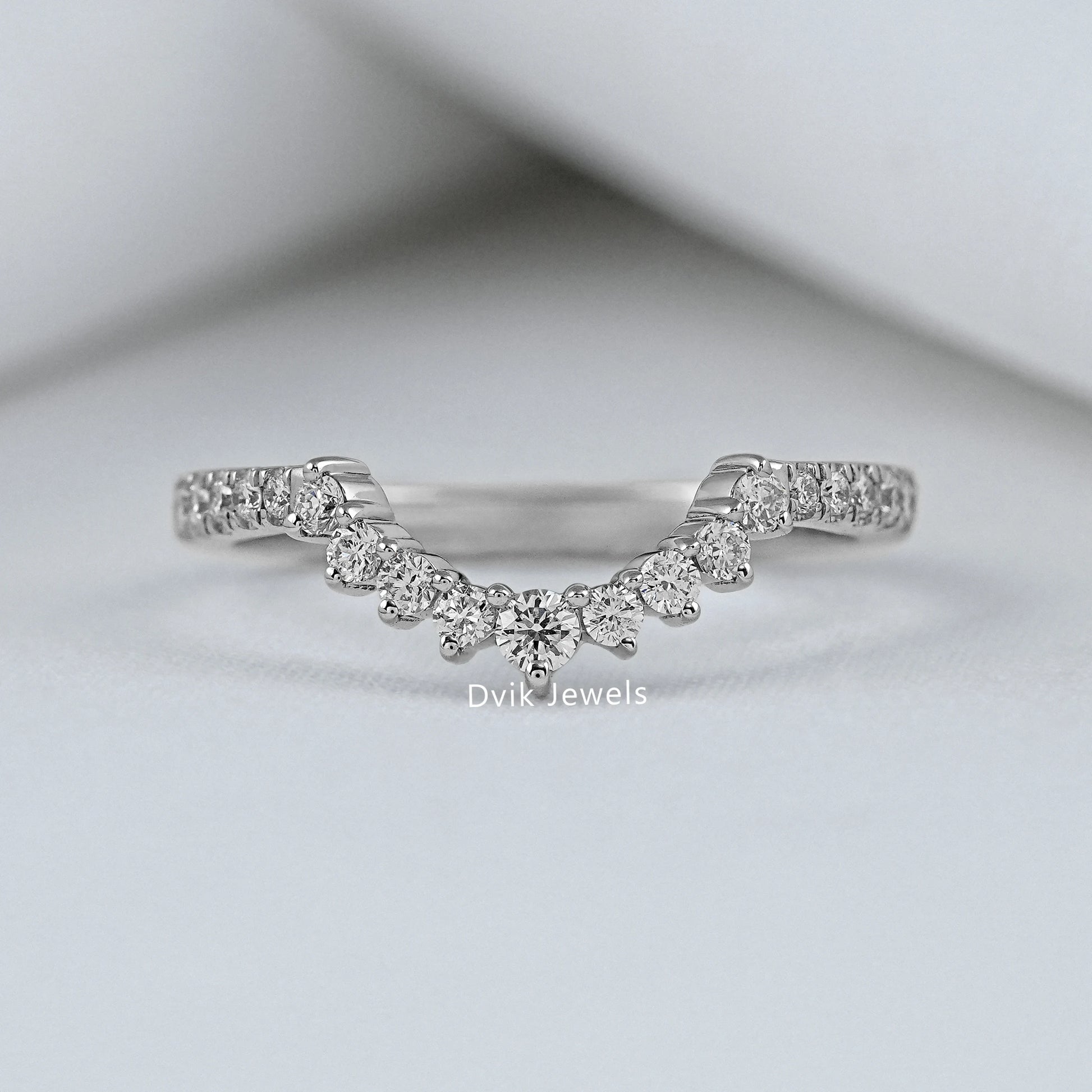 Curved Round Cut Lab Diamond Chevron Wedding Band Ring