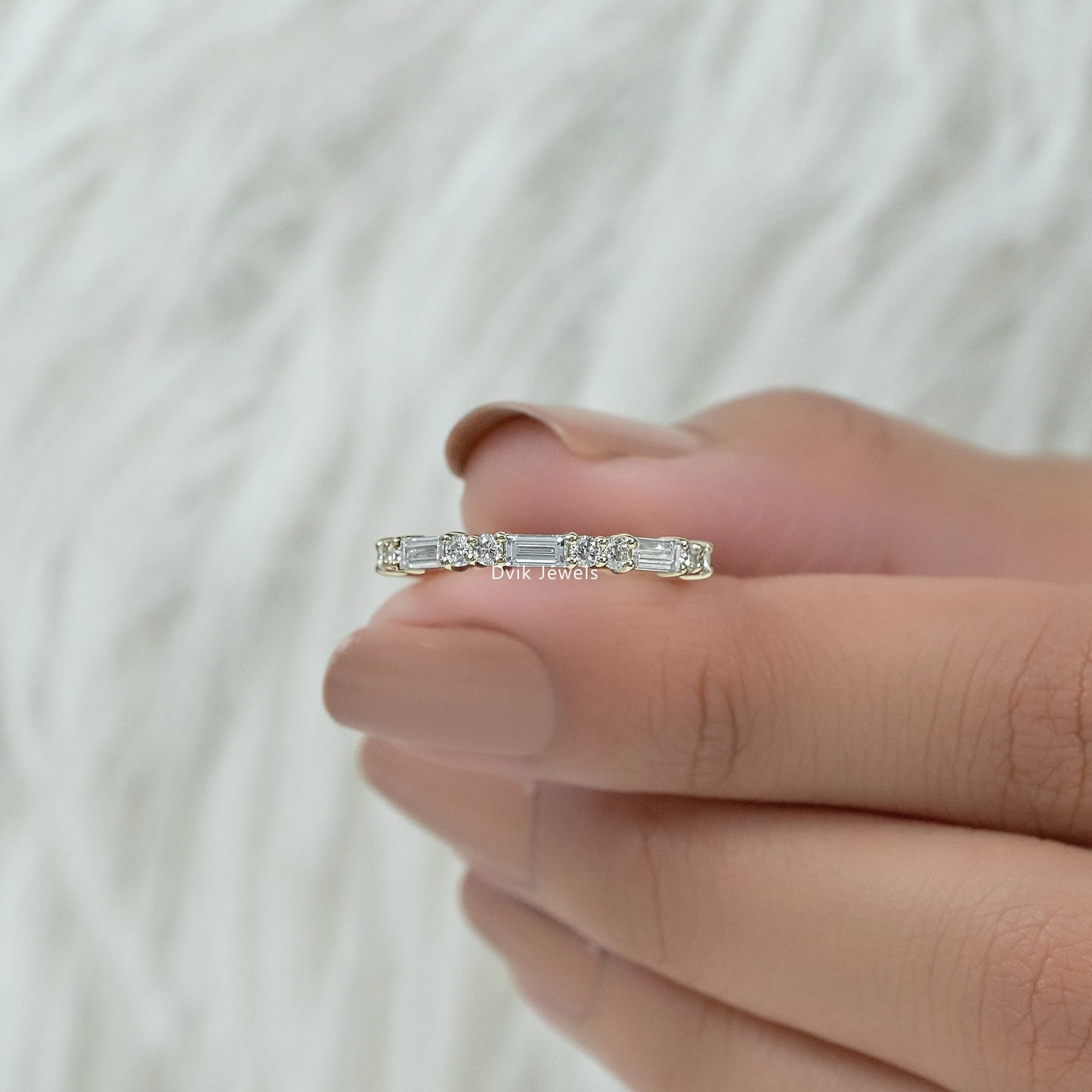 Baguette & Round Lab Diamond Half Eternity Wedding Band Ring