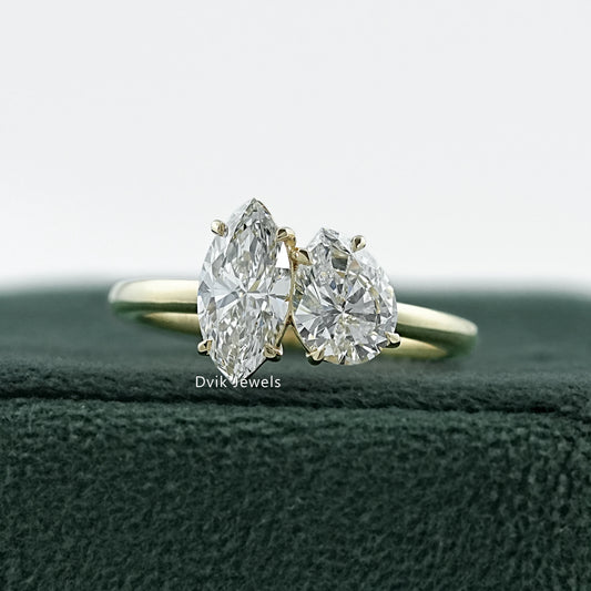 Marquise & Pear Cut Lab Diamond Two Stone Toi et Moi Ring Ring
