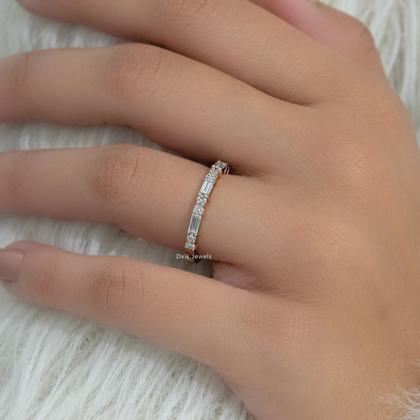Baguette & Round Lab Diamond Half Eternity Wedding Band Ring