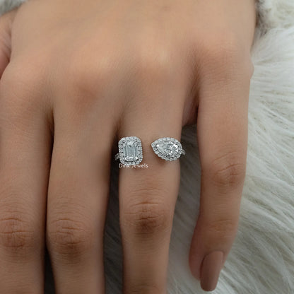 Emerald & Pear Halo Lab Diamond Two Stone Ring