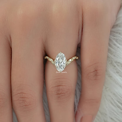 Old Mine Moval Lab Diamond Engraved Curve Solitaire Ring Ring