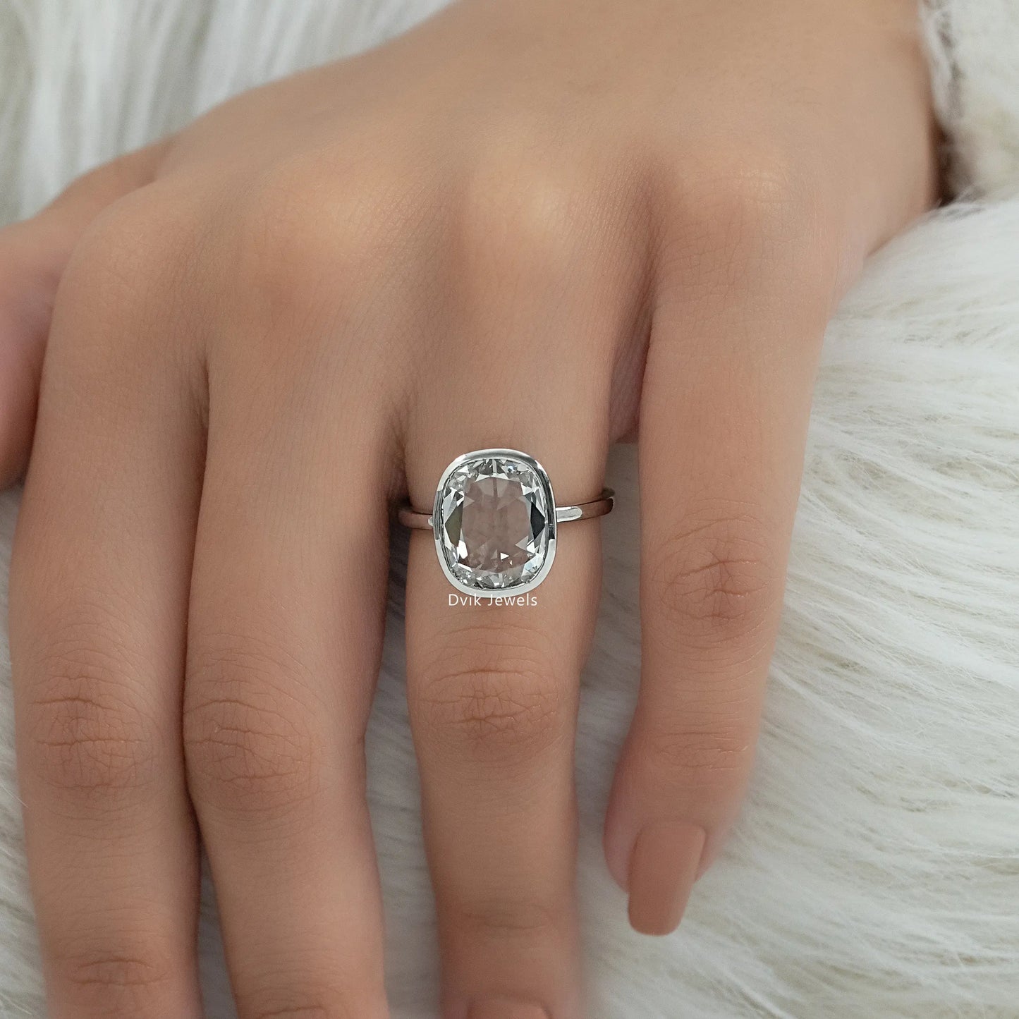 Old Mine Cushion Cut Lab Diamond Bezel Set Engagement Ring Ring