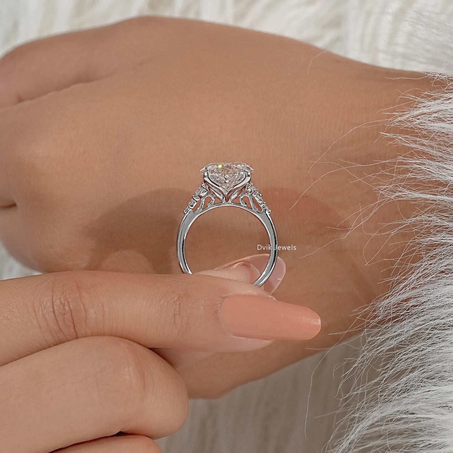 Oval Cut Lab Diamond Solitaire Ring with Cluster Accent Shoulders Ring
