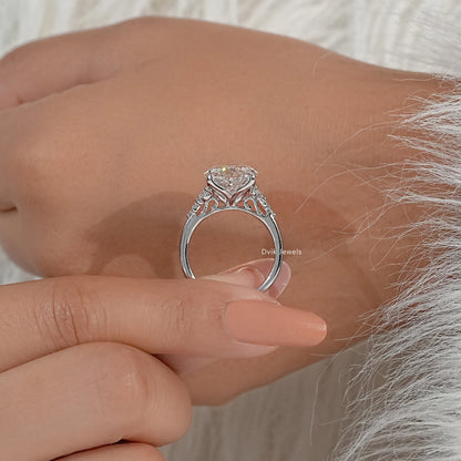 Oval Cut Lab Diamond Solitaire Ring with Cluster Accent Shoulders Ring