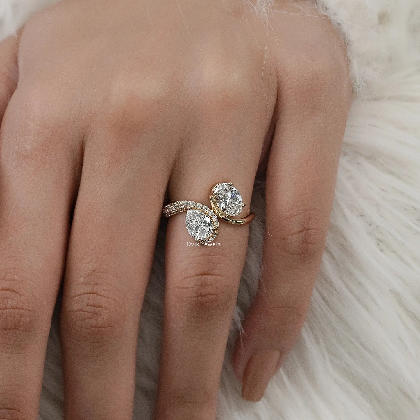 Pear & Oval Cut Lab Diamond Open Bypass Ring with Half Pavé Band Ring