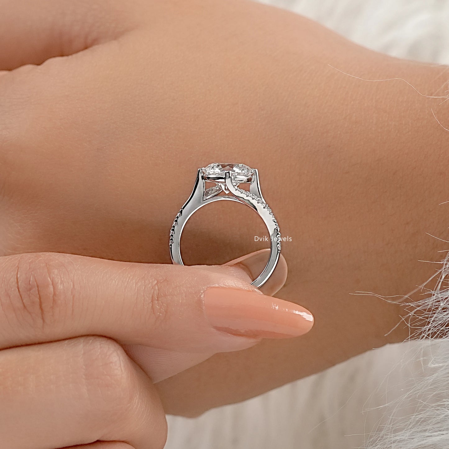 Round Cut Lab Diamond Solitaire Ring with Twisted Pave Band Ring