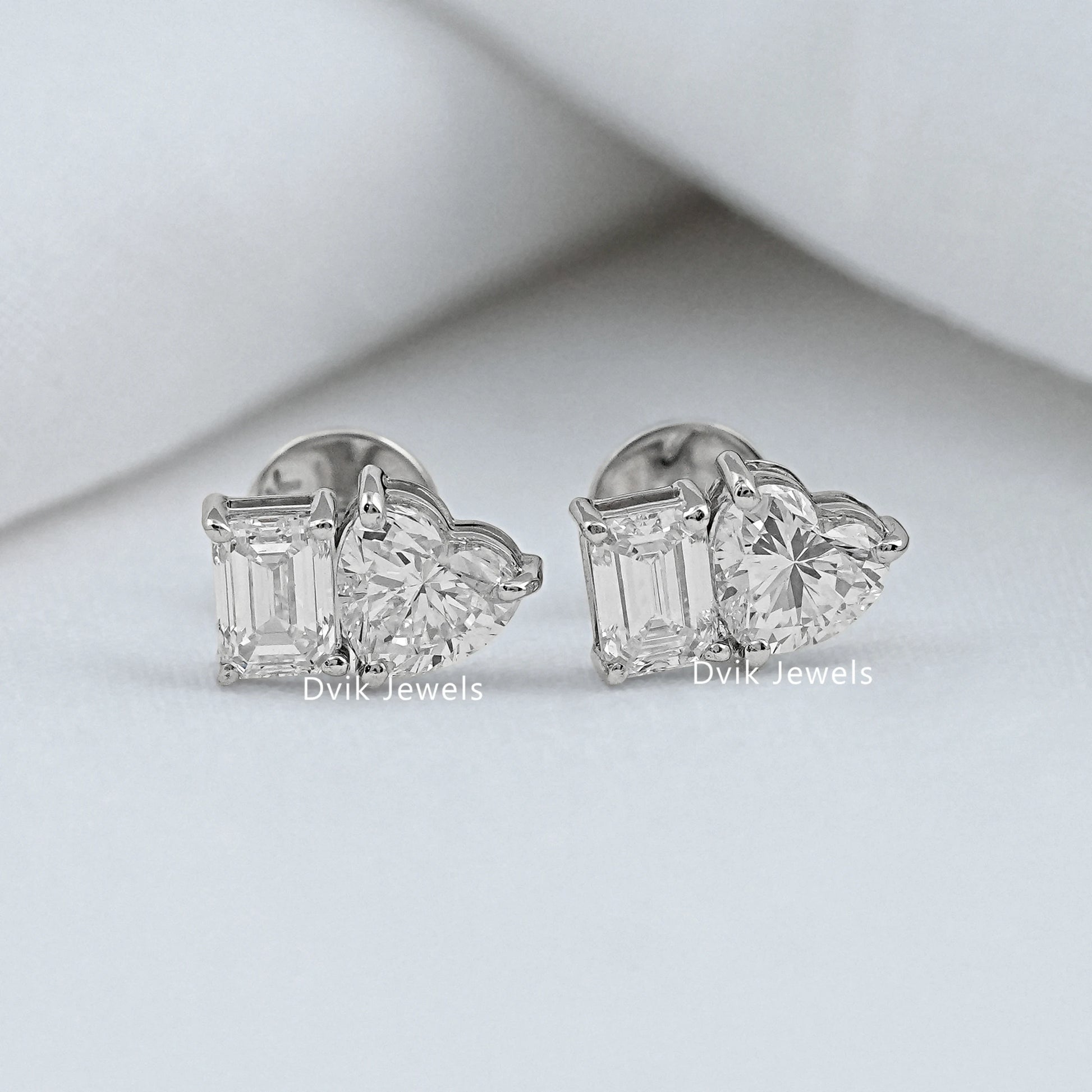 Two Stone Emerald & Heart Lab Diamond Stud Earrings Earrings