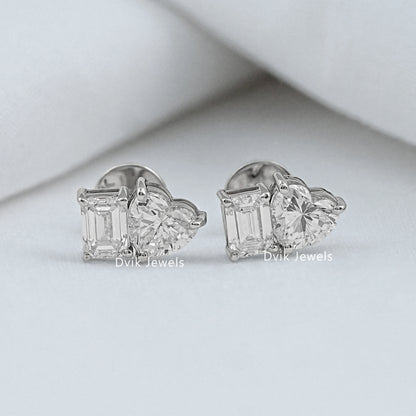 Two Stone Emerald & Heart Lab Diamond Stud Earrings Earrings