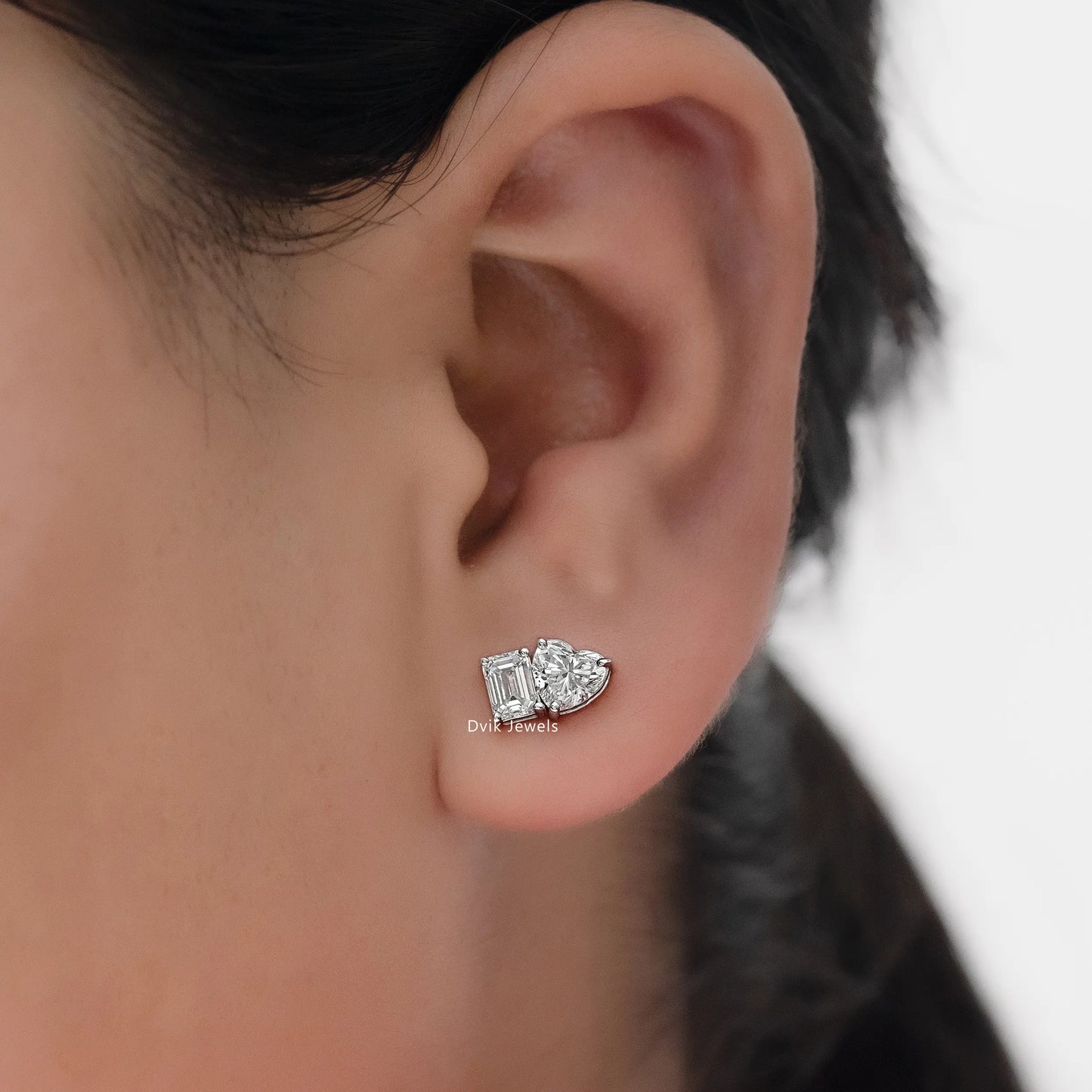 Two Stone Emerald & Heart Lab Diamond Stud Earrings Earrings