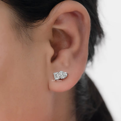 Two Stone Emerald & Heart Lab Diamond Stud Earrings Earrings