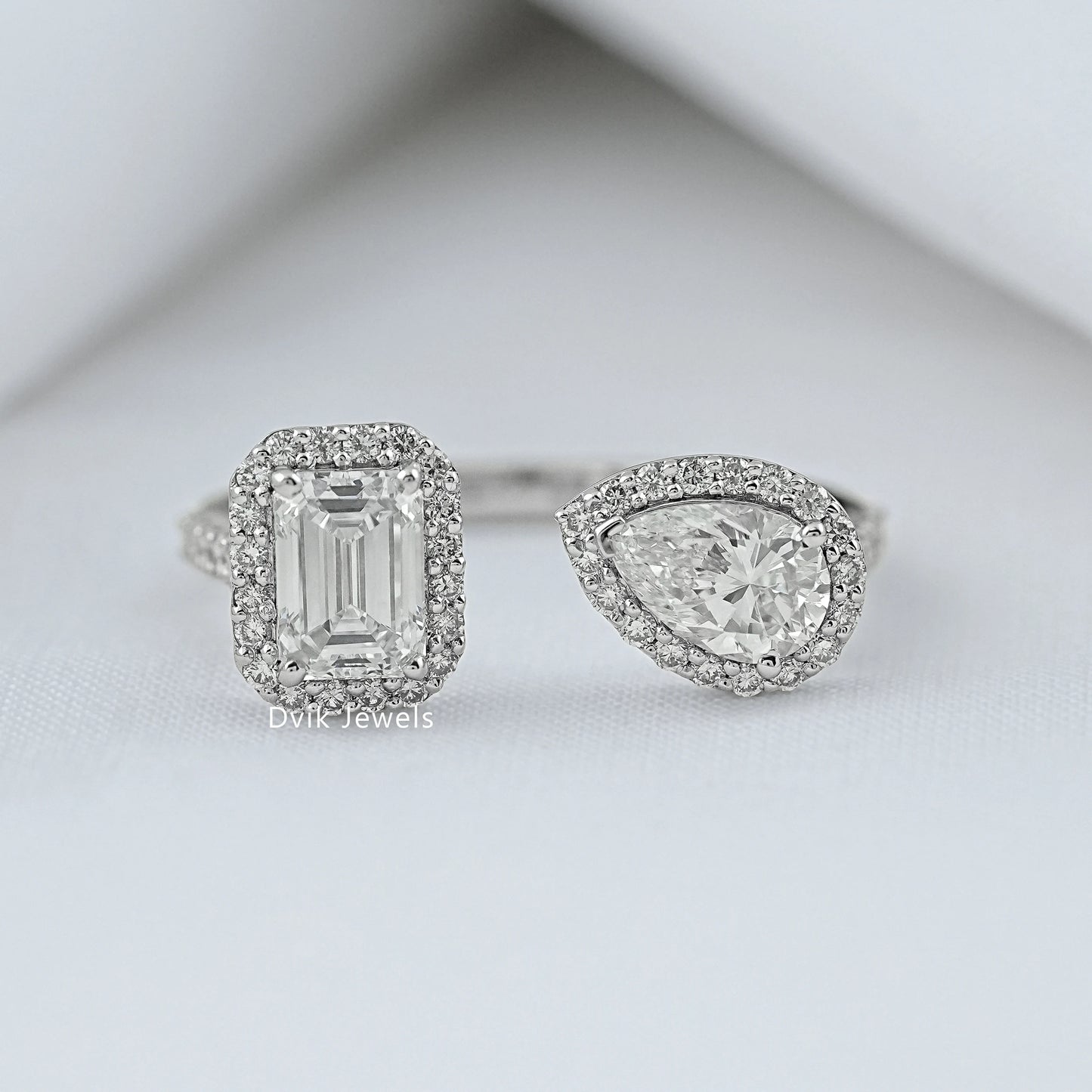 Emerald & Pear Halo Lab Diamond Two Stone Ring