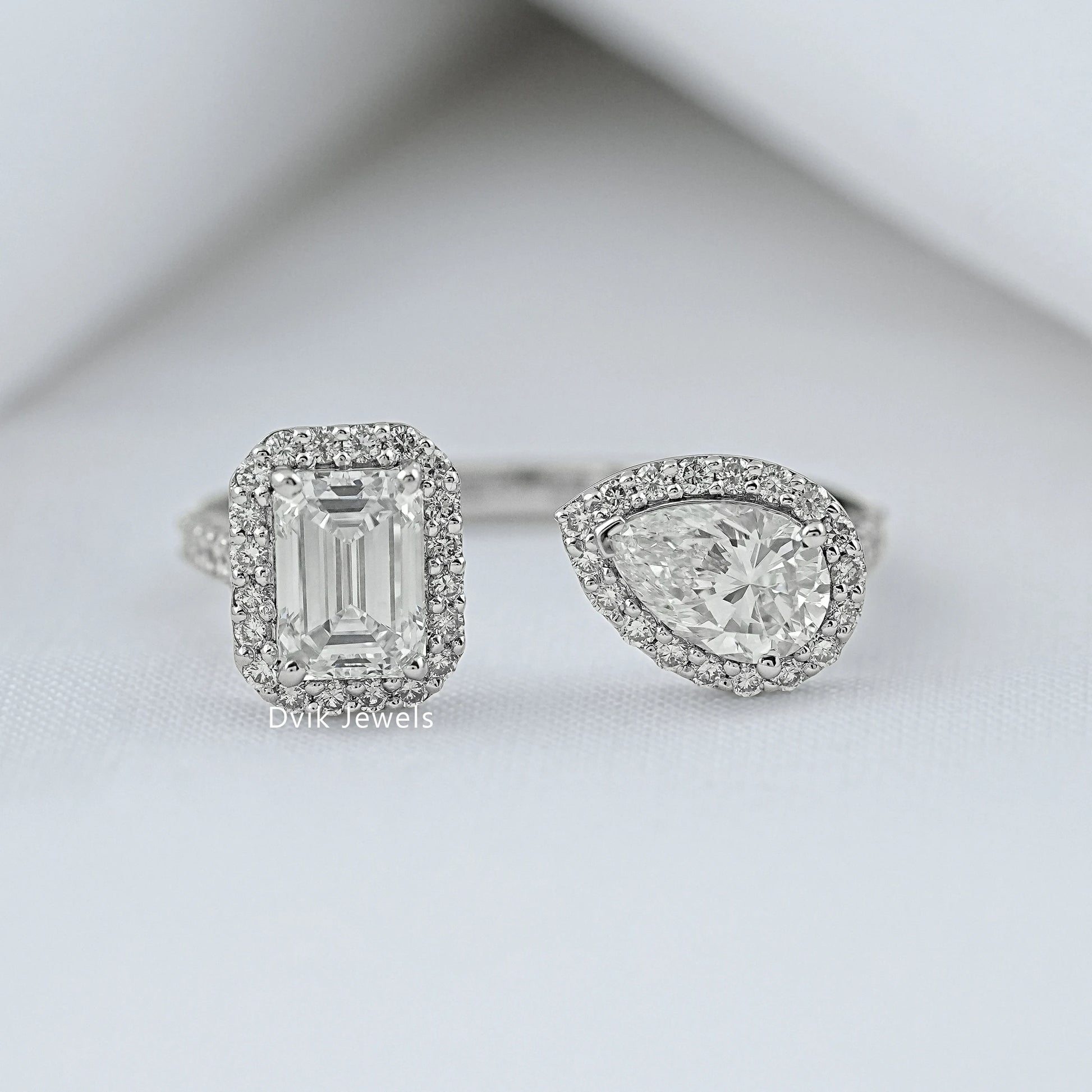 Emerald & Pear Halo Lab Diamond Two Stone Ring