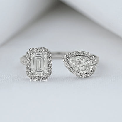 Emerald & Pear Halo Lab Diamond Two Stone Ring