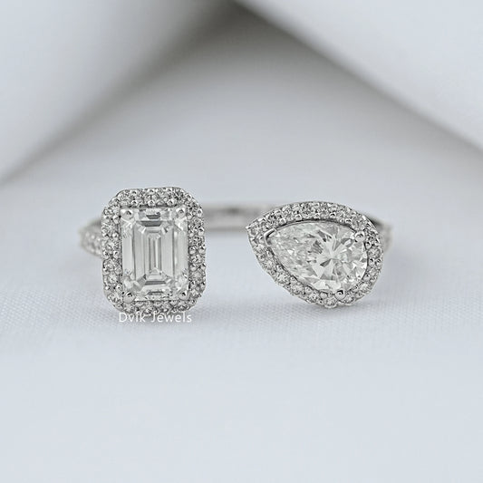 Emerald & Pear Halo Lab Diamond Two Stone Ring
