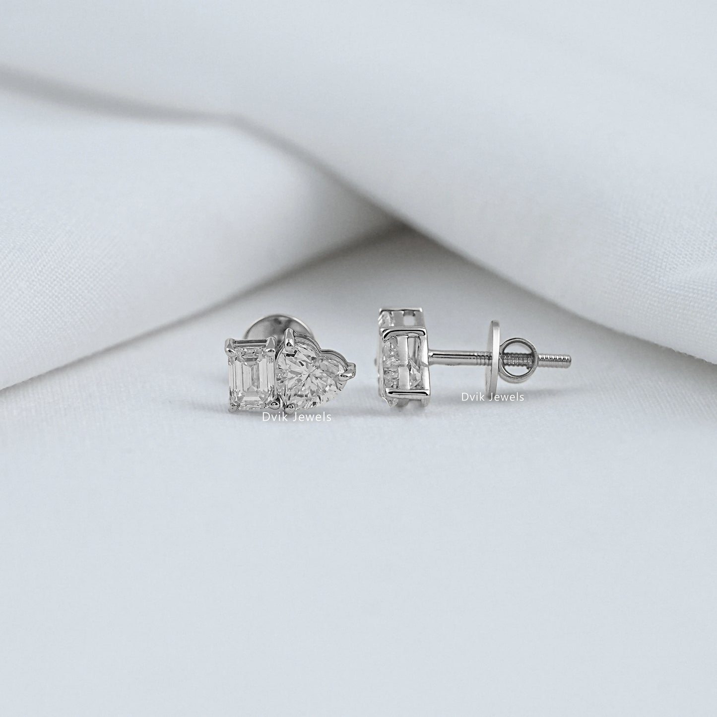 Two Stone Emerald & Heart Lab Diamond Stud Earrings Earrings