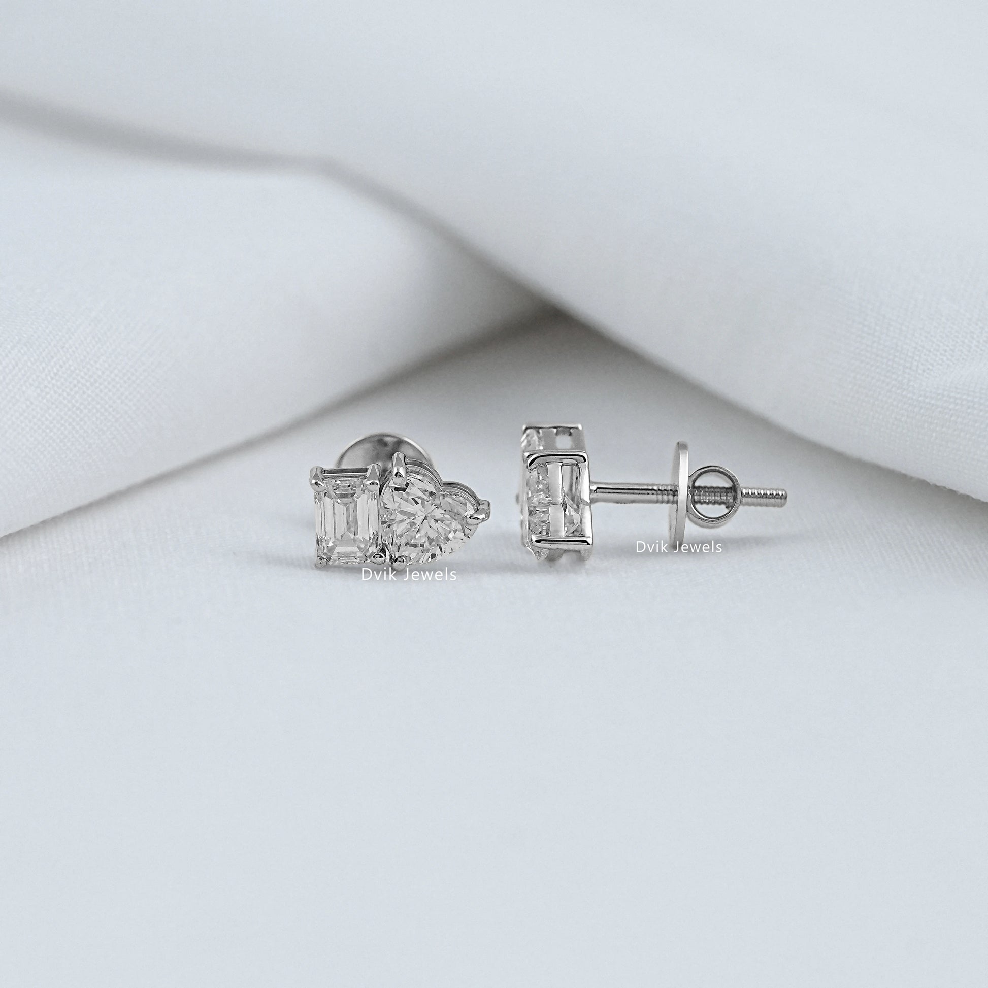 Two Stone Emerald & Heart Lab Diamond Stud Earrings Earrings