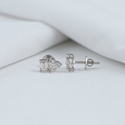 Two Stone Emerald & Heart Lab Diamond Stud Earrings Earrings