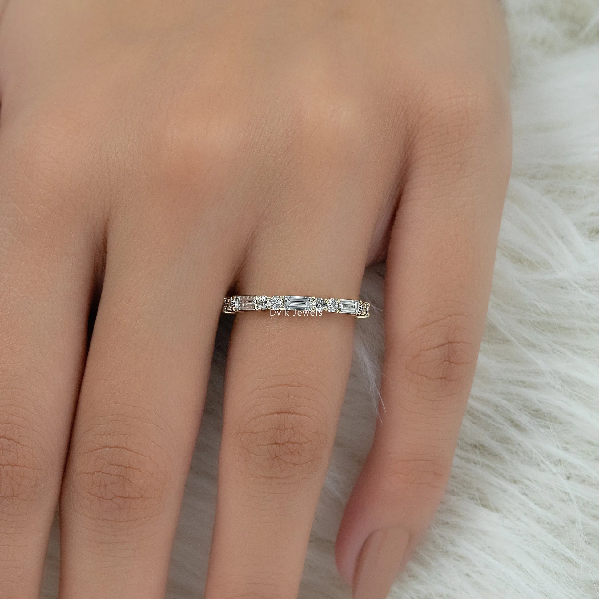 Baguette & Round Lab Diamond Half Eternity Wedding Band Ring