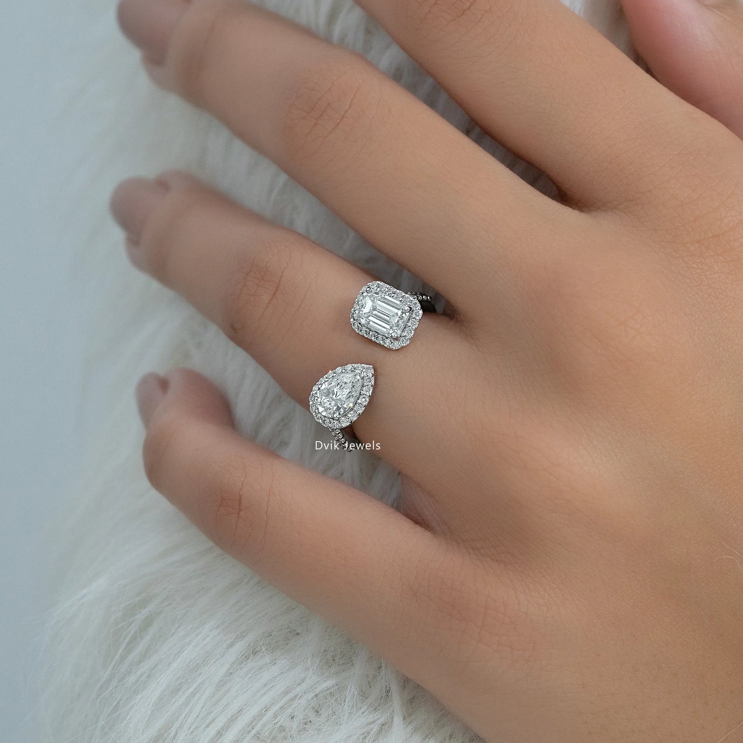Emerald & Pear Halo Lab Diamond Two Stone Ring
