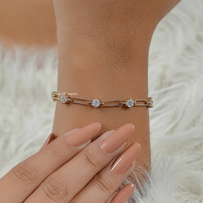 Round Cut Diamond Paperclip Link Station Bracelet Bracelet