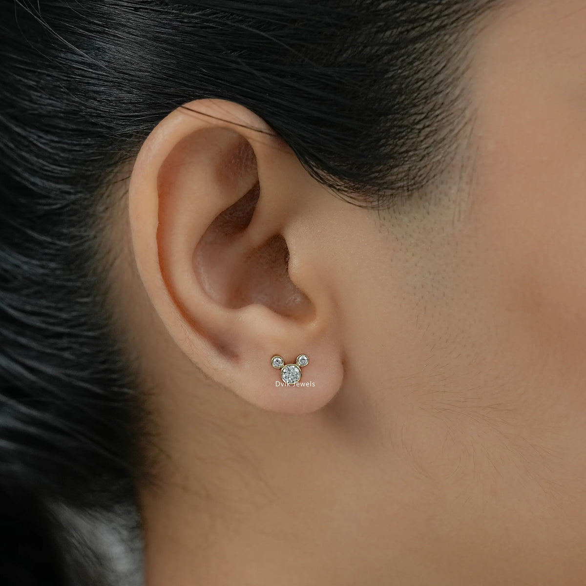 Round Diamond Bezel Set Mickey Mouse Dainty Stud