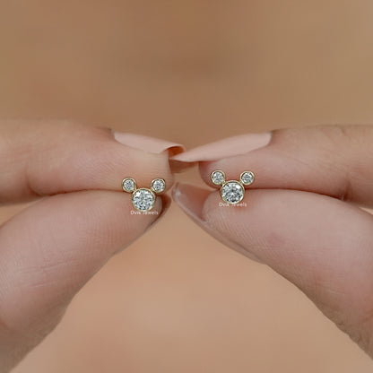 Round Diamond Bezel Set Mickey Mouse Dainty Stud