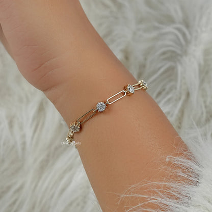 Round Cut Diamond Paperclip Link Station Bracelet Bracelet