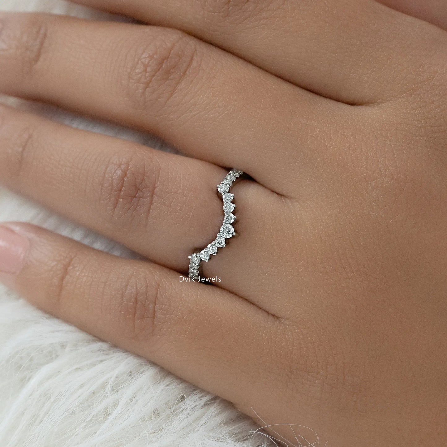 Curved Round Cut Lab Diamond Chevron Wedding Band Ring