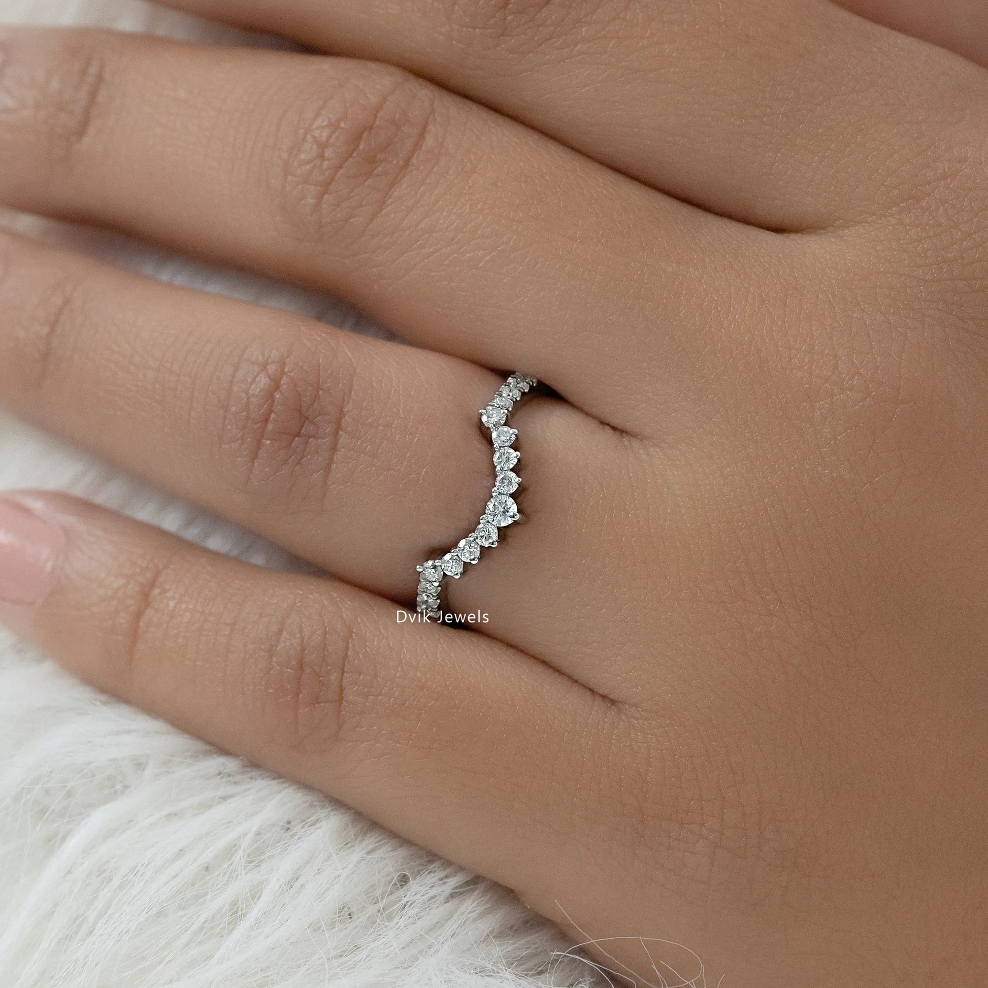 Curved Round Cut Lab Diamond Chevron Wedding Band Ring