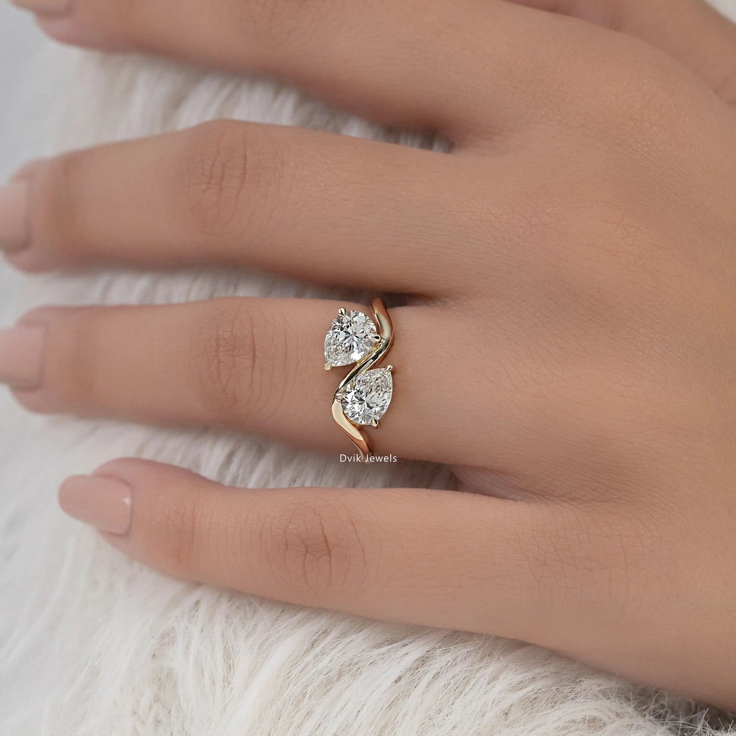 Twin Pear Cut Lab Diamond Curved Ring Ring
