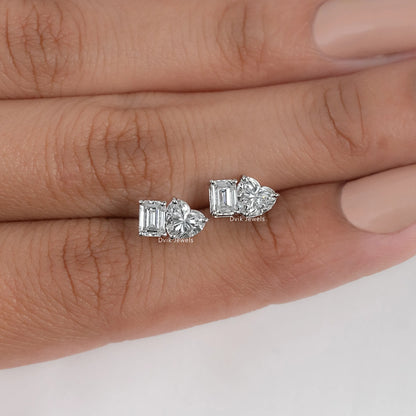Two Stone Emerald & Heart Lab Diamond Stud Earrings Earrings