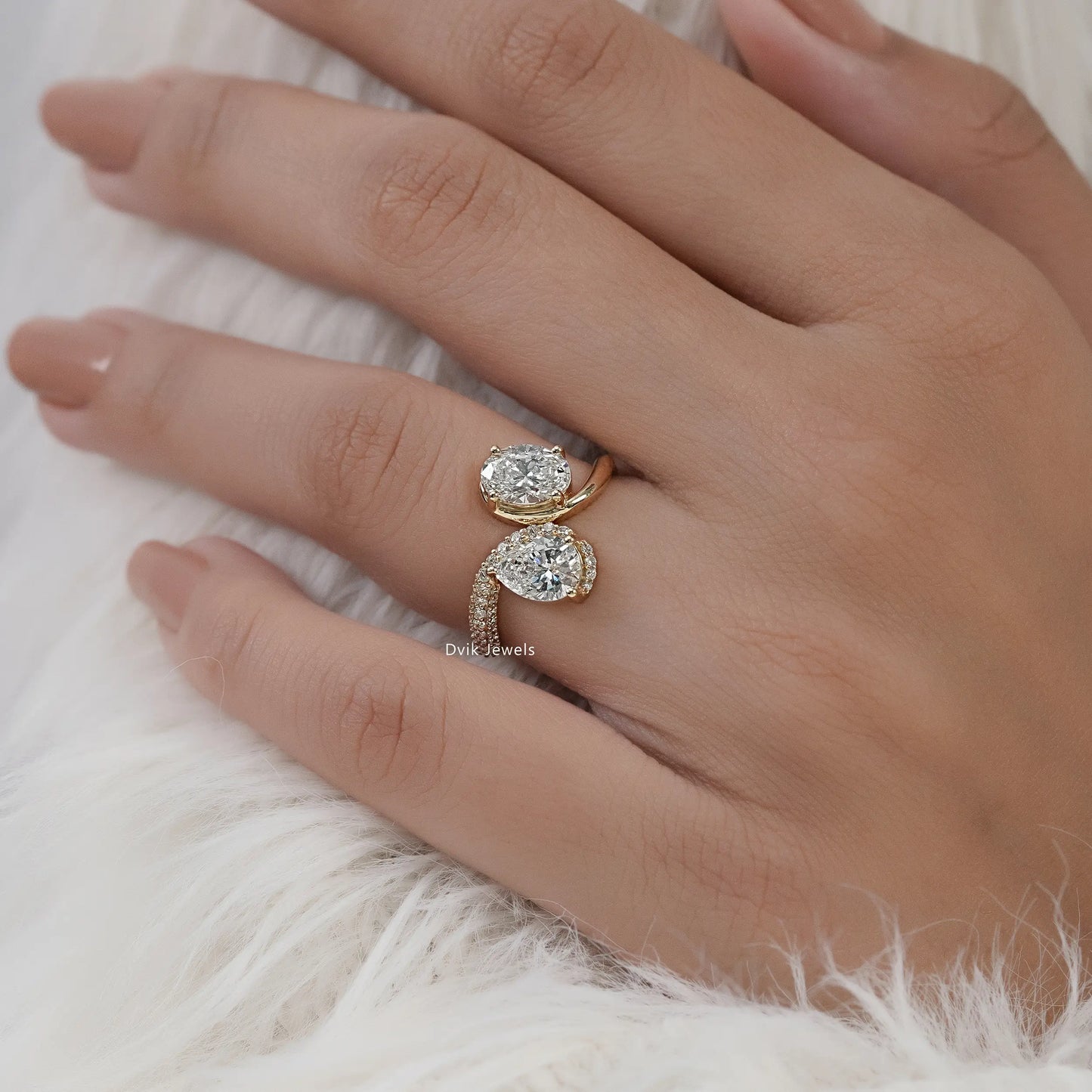 Pear & Oval Cut Lab Diamond Open Bypass Ring with Half Pavé Band Ring