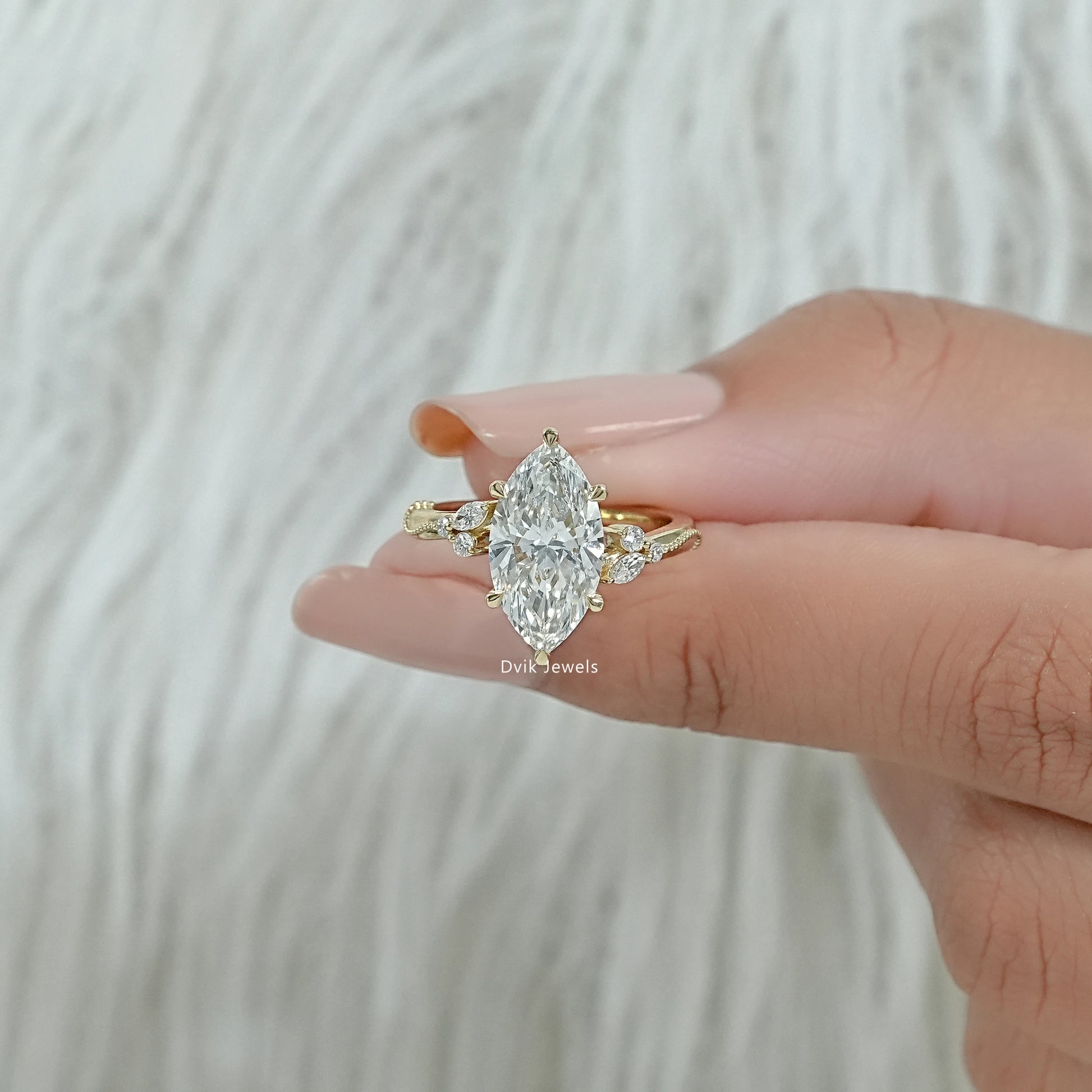 Marquise Cut Lab Diamond Leaf Cluster Engagement Ring Ring