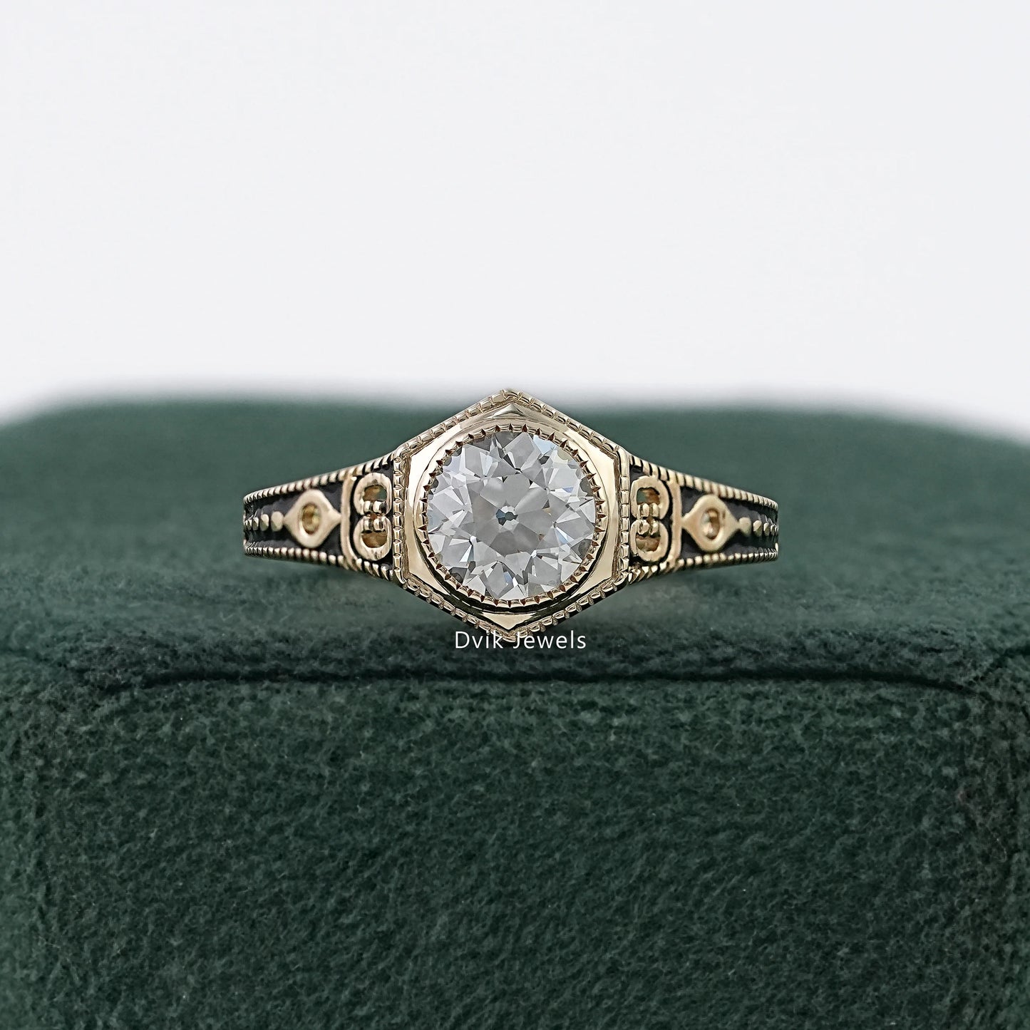 OEC Round Diamond Milgrain Bezel Ring with Filigree Band Ring