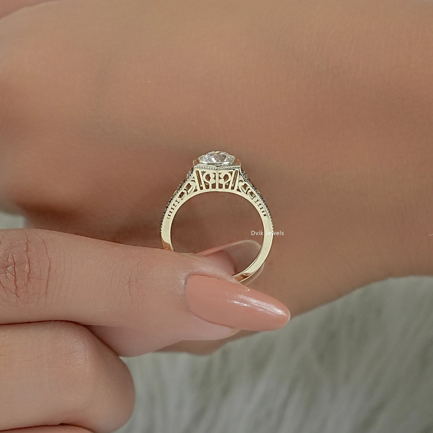 OEC Round Diamond Milgrain Bezel Ring with Filigree Band Ring