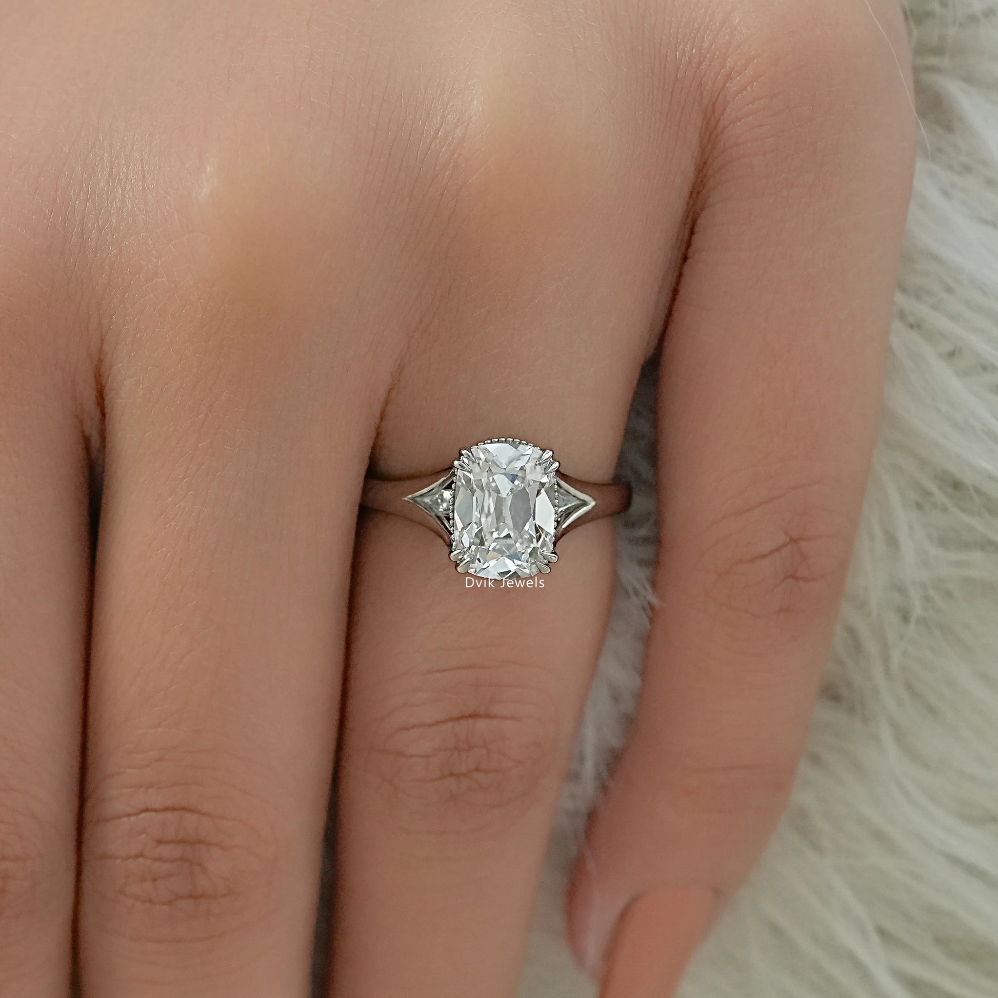 Old Mine Cushion Lab Diamond Solitaire Ring with Tapered Shank Ring