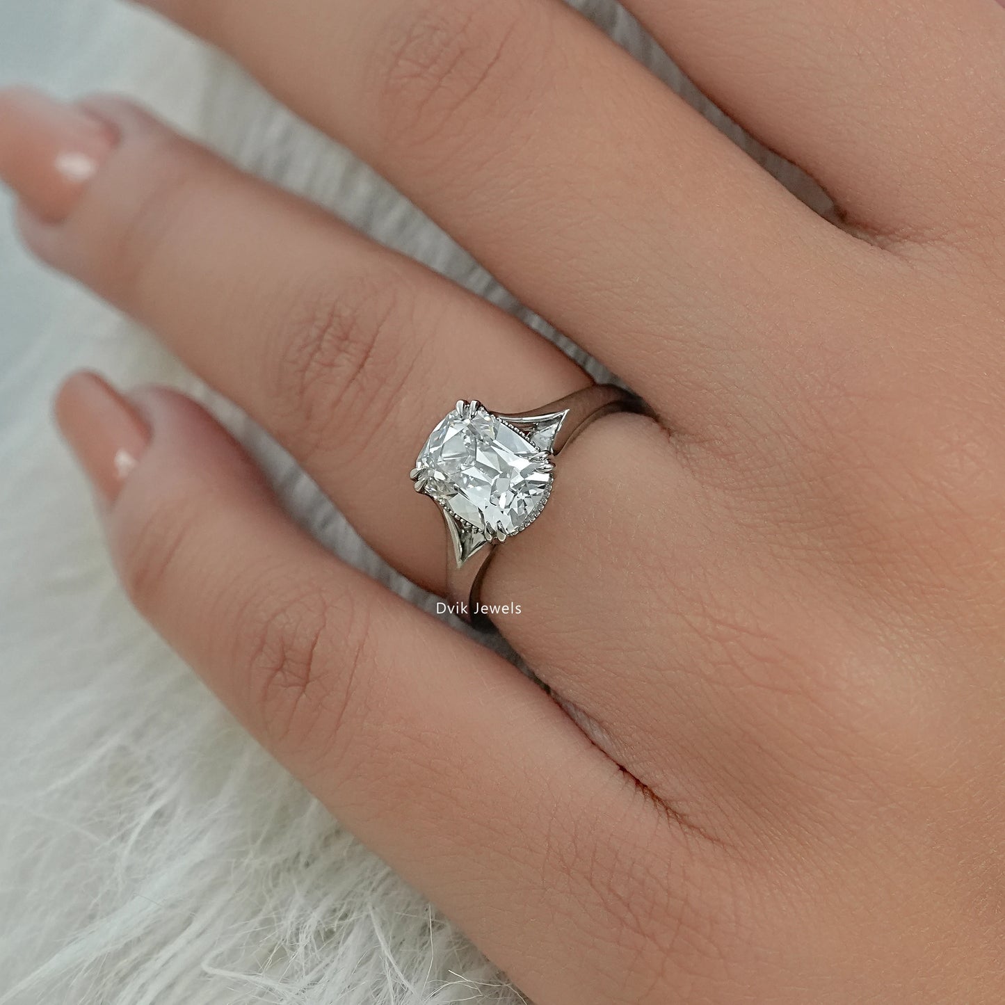 Old Mine Cushion Lab Diamond Solitaire Ring with Tapered Shank Ring