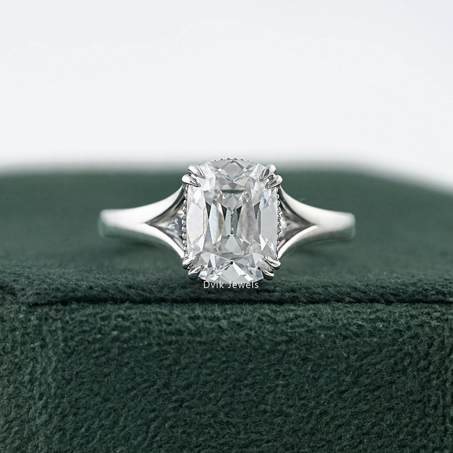 Old Mine Cushion Lab Diamond Solitaire Ring with Tapered Shank Ring