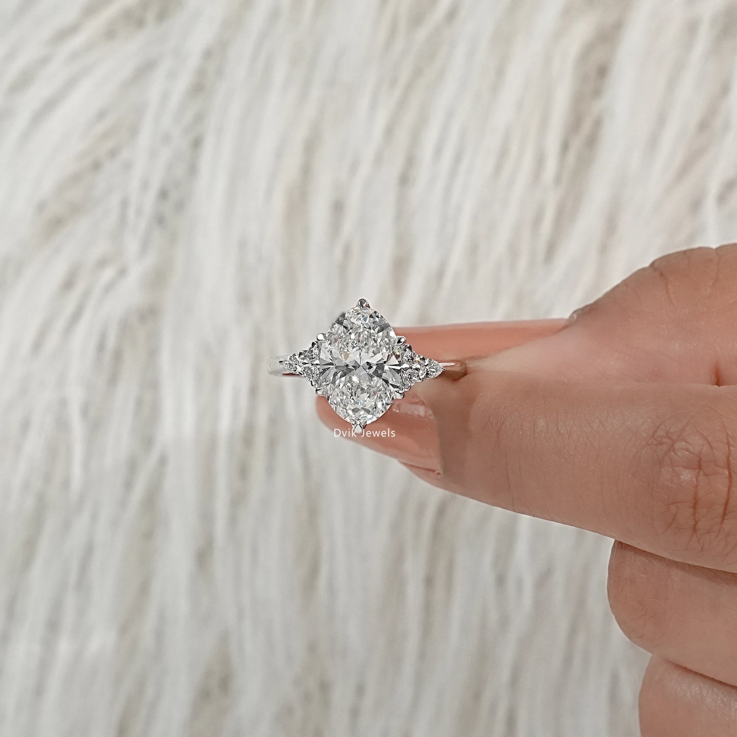 Oval Lab Diamond Three Stone Ring with Pear and Round Accents Ring