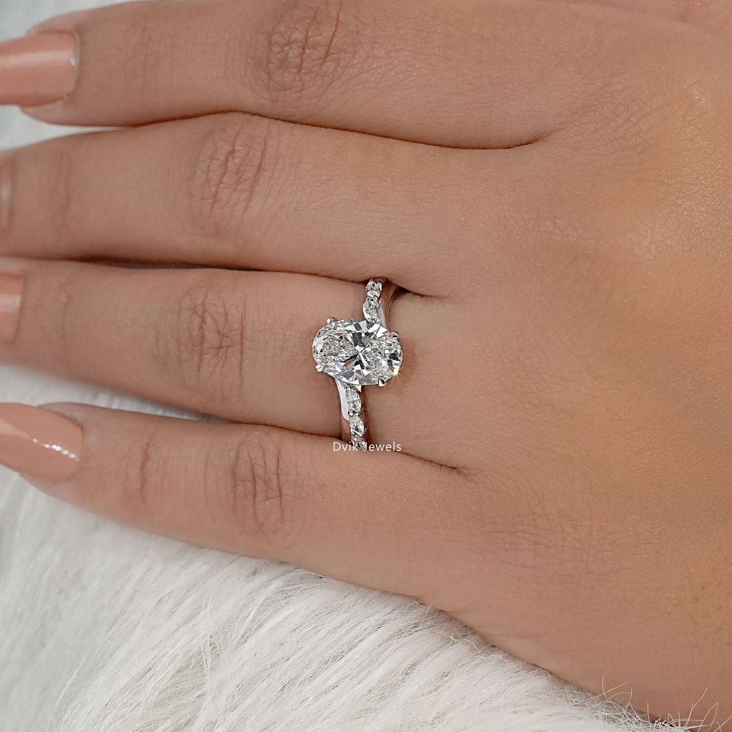Oval Cut Lab Diamond Ring with Marquise Accents