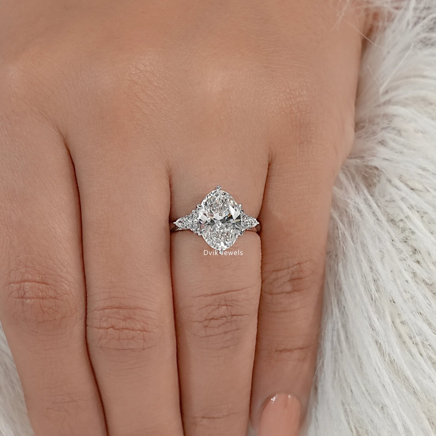 Oval Lab Diamond Three Stone Ring with Pear and Round Accents Ring