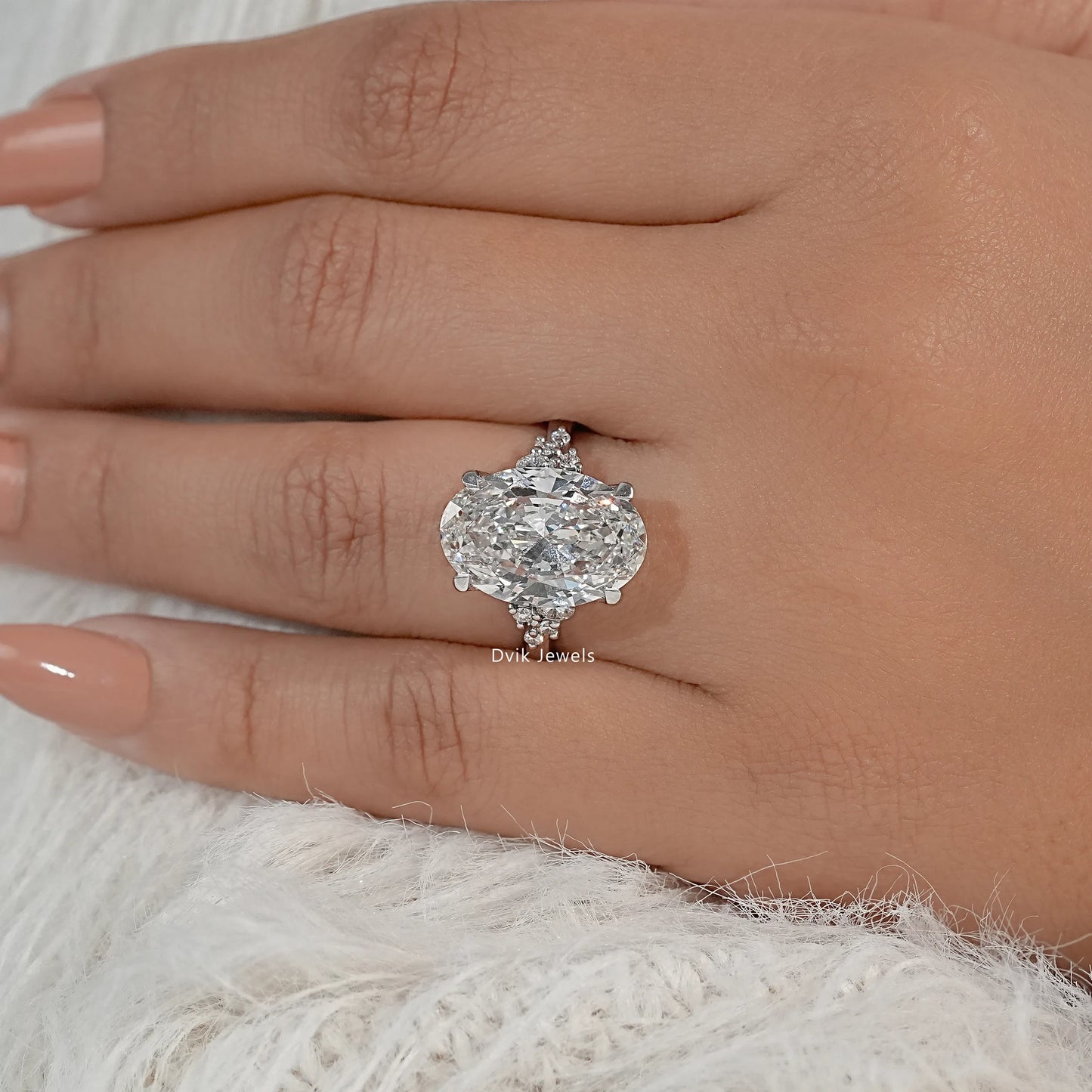 Oval Cut Lab Diamond Solitaire Ring with Cluster Accent Shoulders Ring