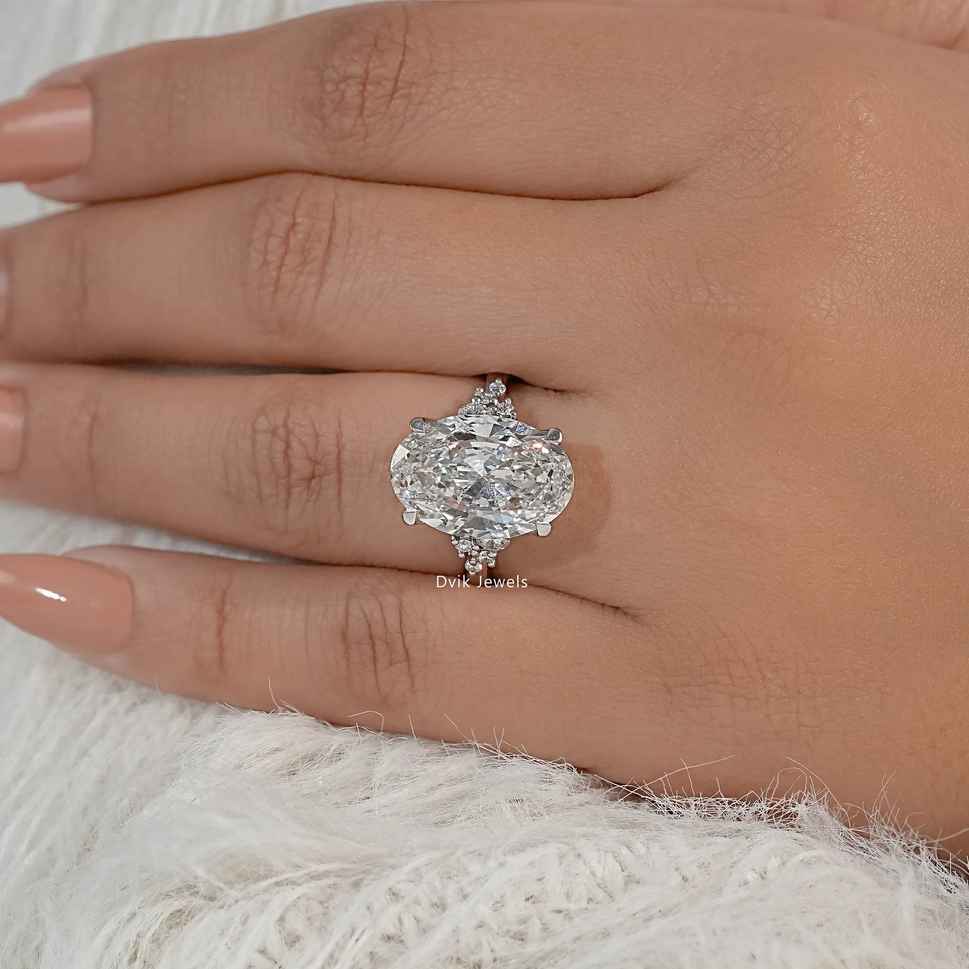 Oval Cut Lab Diamond Solitaire Ring with Cluster Accent Shoulders Ring