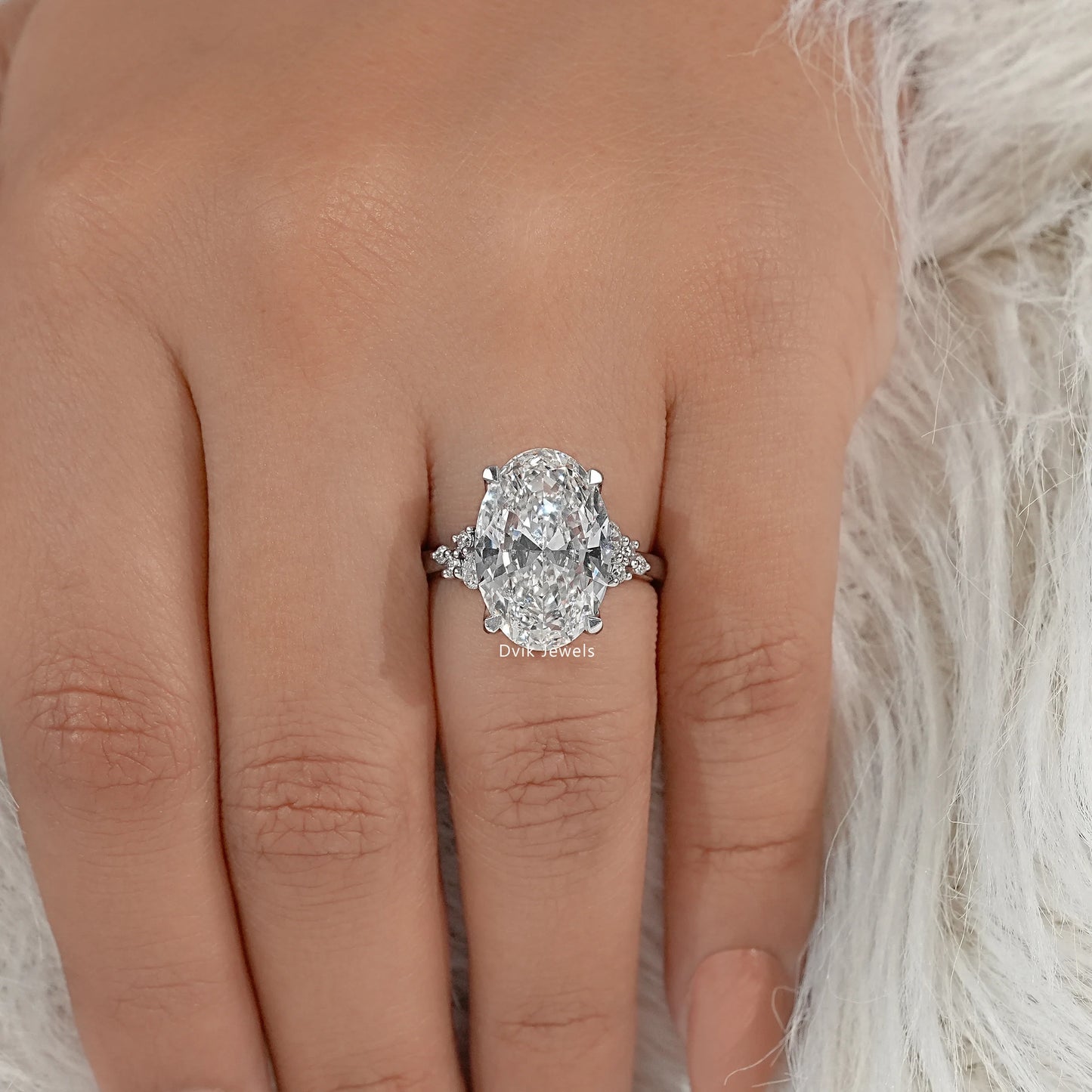 Oval Cut Lab Diamond Solitaire Ring with Cluster Accent Shoulders Ring