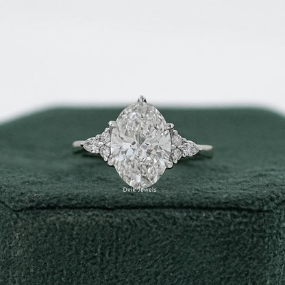 Oval Lab Diamond Three Stone Ring with Pear and Round Accents Ring